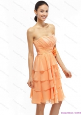 2015 Strapless Short Prom Dresses with Ruching and Hand Made Flower