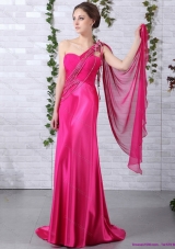 Elegant 2015 One Shoulder Fuchsia Prom Dress with Beading and Ruching