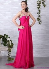 Modern Hot Pink Halter Top Prom Dress with Brush Train