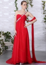 Popular 2015 One Shoulder Red Prom Dress with Beadings and Brush Train