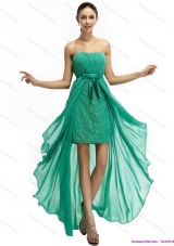 Turquoise High Low Beading Prom Dresses with Ruching and Bowknot