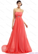 Watermelon Beading Long Prom Dresses with Ruching and Sweep Train