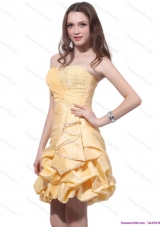 2015 Gold Mini Length Prom Dresses with Beading and Pick Ups