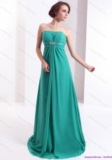 Affordable 2015 Strapless Brush Train Prom Dress with Beading and Ruching