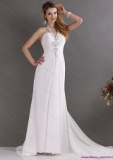 Beautiful 2015 Halter Top White Prom Dress with Ruching and Beading