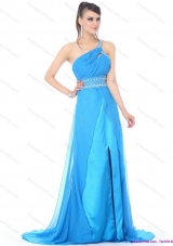 Elegant 2015 One Shoulder Blue Long Prom Dress with Rhinestones