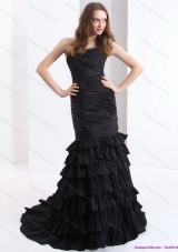 Elegant Brush Train Pleated Black Prom Dresses with One Shoulder and Ruffled Layers