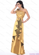 Gorgeous One Shoulder Gold Prom Dress with Hand Made Flowers and Ruching