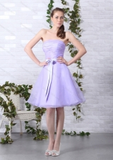 Cute Lilac Strapless Ruching Mini Length Prom Dresses with Bowknot