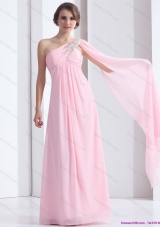 Perfect 2015 One Shoulder Baby Pink Prom Dress with Ruching and Beading