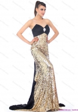 Sexy Brush Train 2015 Prom Dress with Ruching and Sequins