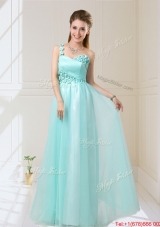 Feminine One Shoulder Floor Length Prom Dresses with Appliques