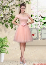 Discount Off the Shoulder Hand Made Flowers Prom Dresses in Baby Pink