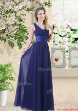 Wonderful Ruched Navy Blue Prom Dresses with V Neck