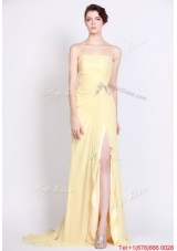 Beautiful Strapless Beaded and High Slit Prom Dresses in Yellow