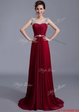 Cheap Brush Train Scoop Zipper Up Prom Dresses in Wine Red