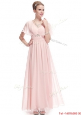 New Style V Neck Beaded Prom Dresses with Short Sleeves