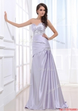 Beautiful Column Elastic Woven Satin Prom Dresses with Beading