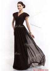 Hot Sale V Neck Ruching Empire Brush Train Prom Dresses in Black