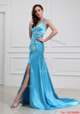 2016 Column Halter Top Brush Train Prom Dresses with High Slit