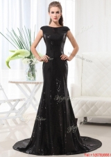 Beautiful Column Bateau Brush Train Sequins Prom Dresses in Black for 2016