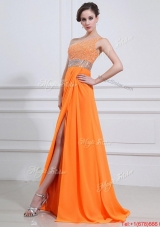 Exquisite Beading and High Slit Orange Prom Dresses with Brush Train