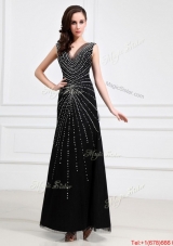 Popular Empire V Neck Beaded Backless Prom Dresses in Black for 2016