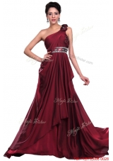 Wine Red Long Prom Dress with Beading and Hand Made Flowers