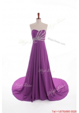 Fashionable Beaded Court Train Prom Dresses in Eggplant Purple