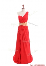 Sexy Appliques and Ruffles One Shoulder Prom Dresses with Sweep Train