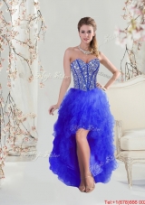 2016 Cheap Beaded and Ruffles High Low Prom Dresses in Royal Blue