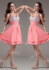 Elegant Straps Beading Short Watermelon Prom Dresses