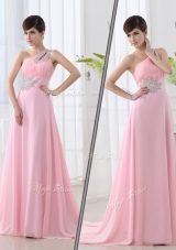 Lovely One Shoulder Brush Train Beading Baby Pink Prom Dress