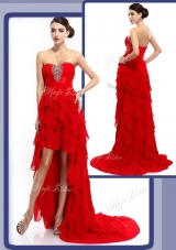 Sexy High Low Beading and Ruffled Layers Prom Dresses in Red