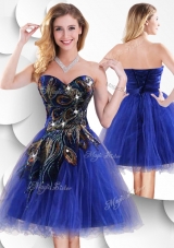 2016 Luxurious Short Peacock Blue Prom Dress with Beading and Appliques