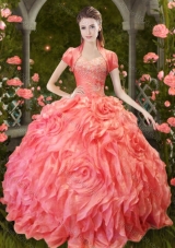 Luxurious Puffy Skirt Beaded and Ruffled Quinceanera Dress in Orange Red