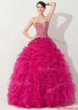 Visible Boning Hot Pink Quinceanera Gown with Beading and Ruffles