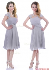 Elegant Cap Sleeves Tea Length Grey Mother of Bride Dress with Pleats