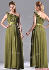 Empire One Shoulder Ruched and Belt Mother of Bride Dress in Olive Green