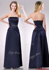 Fashionable Strapless Beaded Bust Long Mother of Bride Dress in Navy Blue