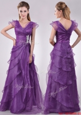 Low Price V Neck Eggplant Purple Mother of Bride Dress with Beading and Ruffles