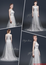 Elegant Empire Bateau Prom Dresses with Brush Train