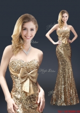 Fall Column Sequins Prom Dresses with Bowknot in Gold