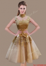 Elegant A Line High Neck Champagne Prom Dress with Appliques and Bowknot