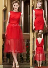 Exclusive Bateau Lace Tea Length Prom Dresses in Red