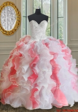 Popular Brush Train White and Coral Red Quinceanera Dress with Beading and Ruffles