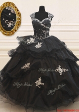 Lovely See Through Back Wide Straps Beaded Applique Black Quinceanera Dress