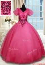 Unique V Neck Short Sleeves Beaded Organza Quinceanera Dress in Coral Red