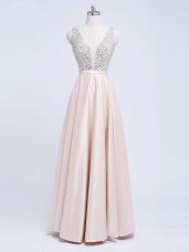 Edgy Elastic Woven Satin V-neck Sleeveless Backless Beading and Belt Formal Dresses in Champagne