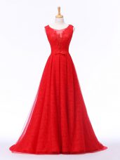 Tulle Sleeveless Evening Dresses Brush Train and Lace and Appliques and Belt